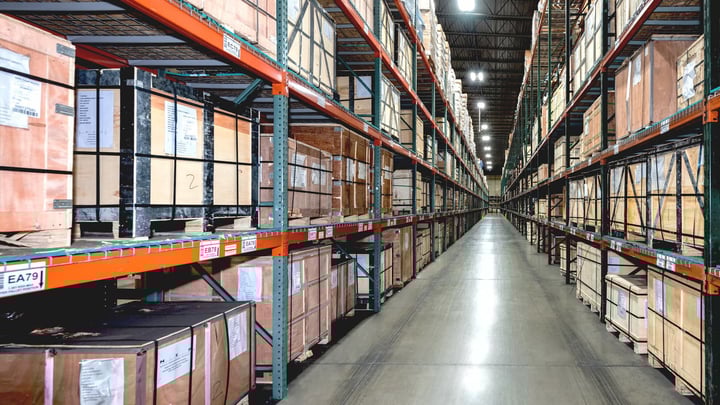 A look down an aisle in our inventory warehouse.